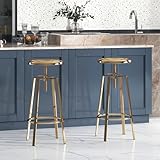 Brage Living Atlas Industrial Bar Stools Set of 2, Adjustable Swivel Four Legged Round Metal Barstools, Backless Counter Height Bar Chairs for Kitchen Dining (Gold)