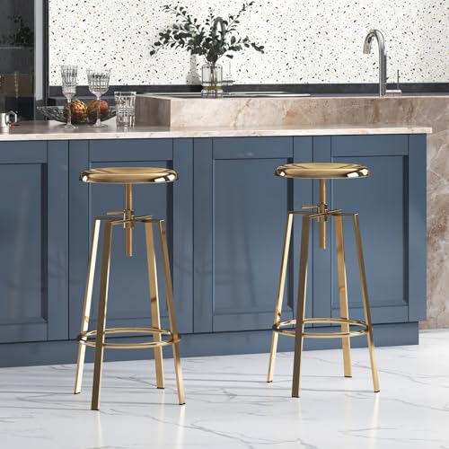 Brage Living Atlas Industrial Bar Stools Set of 2, Adjustable Swivel Four Legged Round Metal Barstools, Backless Counter Height Bar Chairs for Kitchen Dining (Gold)