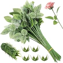 50 Pcs Rose Stems with Leaves & 50 Pcs Flower Calyxes Set, Fake Flower Stems Artificial Flower Sepals, Floral Arrangement Supplies, DIY Artificial Flowers Tools for Bouquet Wedding Party