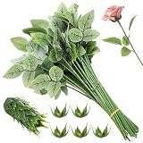 CDOKY 50 Pcs Rose Stems with Leaves & 50 Pcs Flower Calyxes Set, Fake Flower Stems Artificial Flower Sepals, Floral Arrangement Supplies, DIY Artificial Flowers Tools for Bouquet Wedding Party