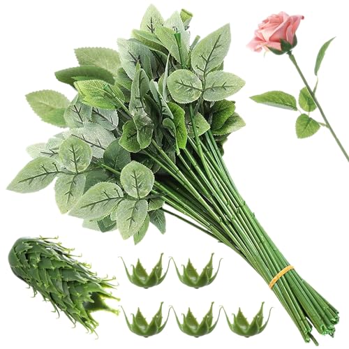 50Pcs Rose Stem & Calyx Kit, DIY Floral Wedding Bouquet Party Decor Supply