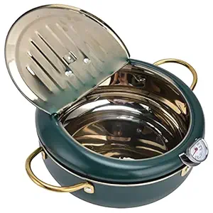 Cooking Fryer, Stainless Steel Harmless Frying Pot Non Stick with Lid for Household for Camping for Picnic(Dark Green, 304 Stainless Steel #24cm)