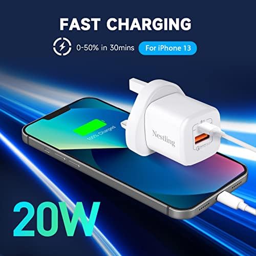 USB C Plug, Nestling 20W USB C Charger Plug, Type C Fast Charge Wall Plug 2 Ports PD & QC 3.0 Power Adapter Charger for iPhone 14/14 Pro 13/13 Pro/13 Pro Max/12/11 XS XR X 8, iPad Pro etc.