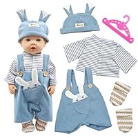 5 Stück Puppenkleidungs Set für 35–43 cm Baby Puppen, Kleidung Outfits für Babypuppen mit Hut T-Shirt, Latzhosen, Hose Socken & Kleiderbügel als Puppenzubehör, Geschenk für Jungen Mädchen(Keine Puppe)