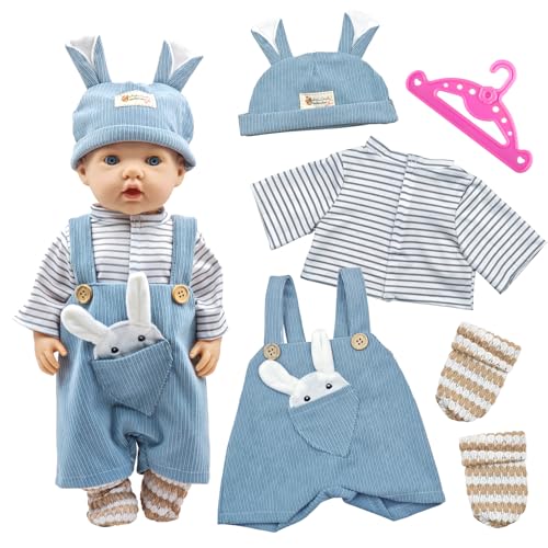 5 Stück Puppenkleidungs Set für 3543 cm Baby Puppen Kleidung Outfits für Babypuppen mit Hut T-Shirt Latzhosen Hose Socken & Kleiderbügel als Puppenzubehör Geschenk für Jungen Mädchen(Keine Puppe)