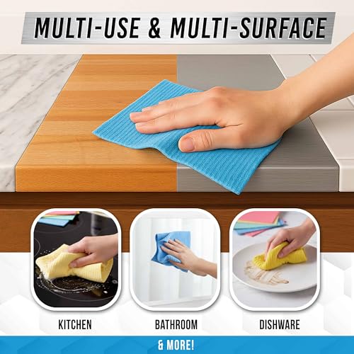 Image of ACTIVE Swedish Dish Cloths for Kitchen 12 Pack Cellulose Sponge Cloth, Washable Dishcloths for Washing Dishes, Original European Dish Towels, Absorbent Reusable Paper Towels - Multicolor Assorted