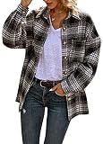 Shownicer Kariertes Damen Taschen Knöpfen Oversize Bluse Wolltuch Mantel Hemdjacke Holzfällerjacke Mode Jeansjacke Langarm Mit Brusttaschen Hemdbluse Z Schwarz S