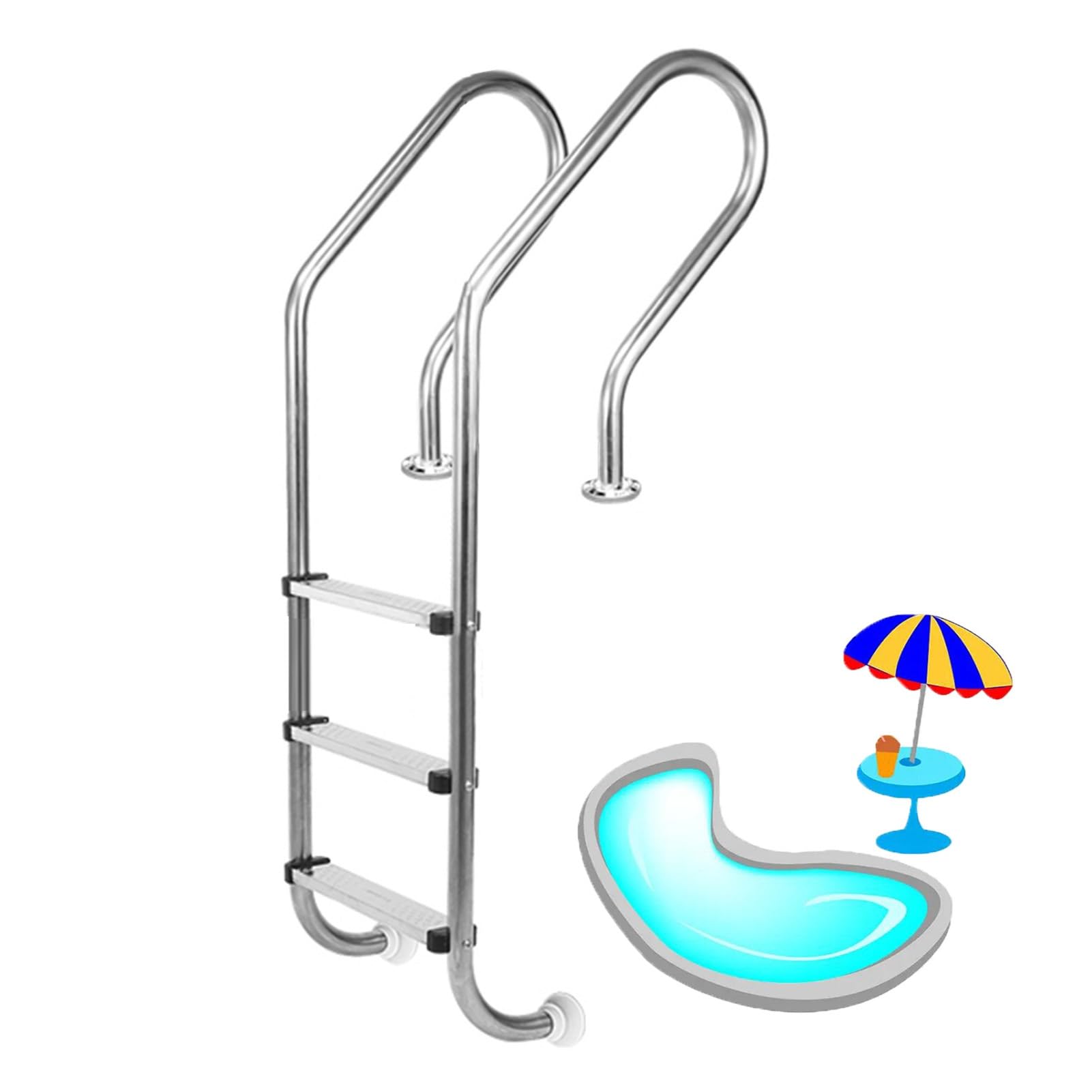 Escalera para Piscina elevada con pasamanos de Acero Inoxidable, soporta hasta 250 kg, con Base de Montaje rápido, Apta para Piscinas Cubiertas y Parques acuáticos Exteriores.