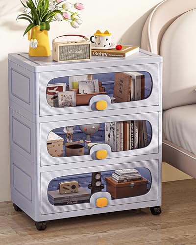 Image of House of Quirk 4-Layer Stackable Collapsible Storage Box Cabinet with Wheels & Flip Doors - 50cm Plastic Storage Box for Home, Kitchen, Closet & Toy Organization (Grey)