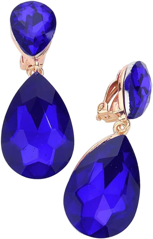 Rosemarie & Jubalee Women's Double Teardrop Statement Glass Crystal Rhinestone Dangle Clip On Bridal Earrings, 2"