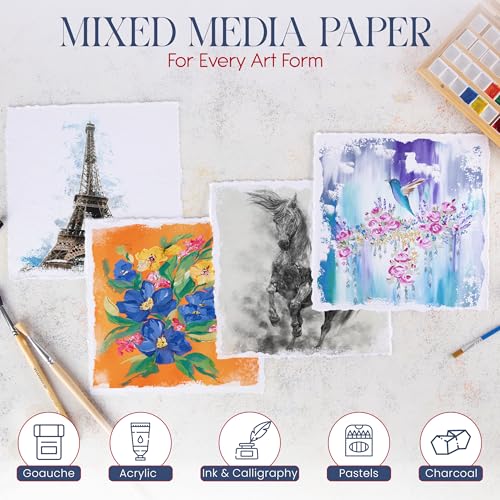 Papel de aquarela grosso feito à mão com borda de convés - 300GSM - Papel de mídia misto texturizado