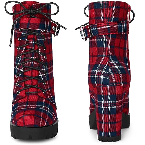 Perphy Platform Lace Up Chunky Heel Plaid Printed Ankle Combat Boots for Women2
