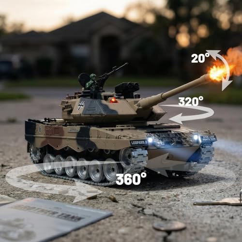 AoreSpty Leopard 2A Panzer 1:18, 42.5cm Metallketten, Softprojektil & Wassergeschoss, 360°-Turm & 320°-Drehung, Ferngesteuerter Panzer RC Tank Sammler Geschenk