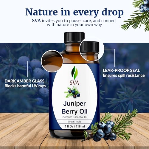 Image of SVA Juniper Berry Essential Oil 4 Fl Oz - for Diffuser, Skin & Hair Care - Ideal for Massage & DIY Blends - with Dropper