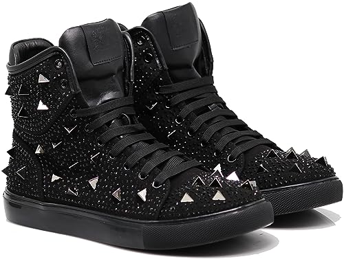 Image of Enzo Romeo Men's High Top Crystal Shimmer Rhinestone Blink Flat Spike Fashion Sneakers Shoes BUL2