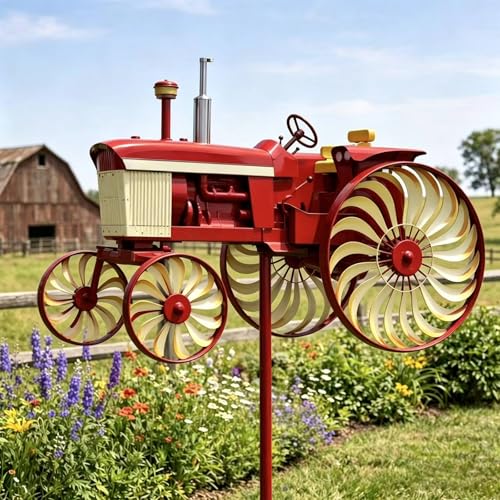 QUNZIDRESS Garden Wind Spinner Red Tractor Windmill Stake with Rotating Wheels for Patio Yard Garden Unique Outdoor Sculptures Spinners Windmill for Outside Lawn Yard Art Decor