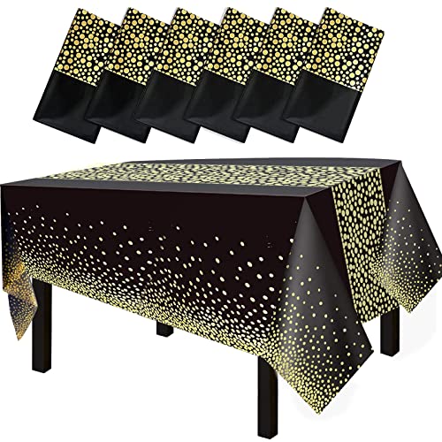 Fecedy 6 Packs 54 Inches X108 Inches Gold Wave Point Black Disposable Plastic Table Cover Waterproof Tablecloths For Rectangle Tables Up To 8 Ft In Length Party Decorations #TOP27