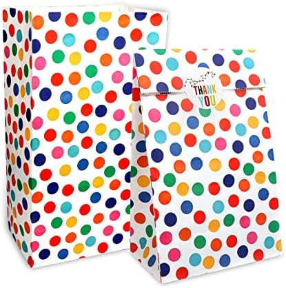 RFWIN 20Pcs Paper Party Bag Kraft Paper Candy Bags, Rainbow Dot Kids Birthday Paper Bags with Stickers Paper Gifts Sweets Bags for Baby Shower Wedding Valentines' Day
