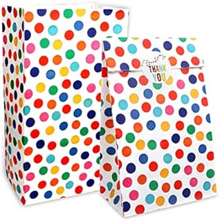 RFWIN 20Pcs Paper Party Bag Kraft Paper Candy Bags, Rainbow Dot Kids Birthday Paper Bags with Stickers Paper Gifts Sweets Bags for Baby Shower Wedding Valentines' Day