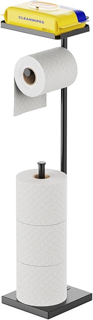 Toilet Paper Holder Stand - iSPECLE Bathroom Toilet Roll Holder with Reserve Storage for 4 Rolls, Toilet Roll Holder Free Standing with Shelf, Black