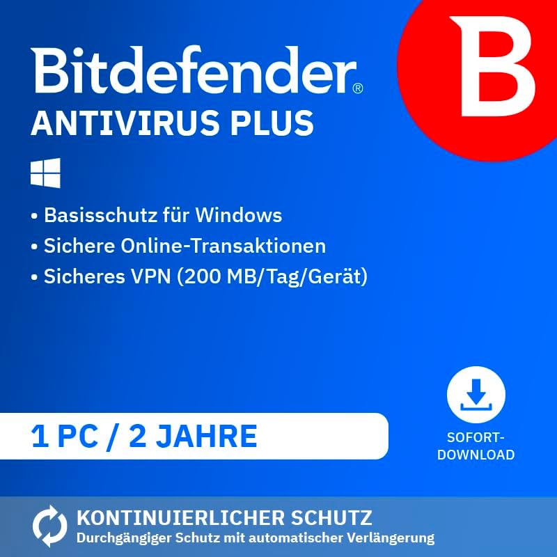 Bitdefender Antivirus Plus 2023 | 1 Gerät | 2 Jahre | PC | PC Aktivierungscode per Email