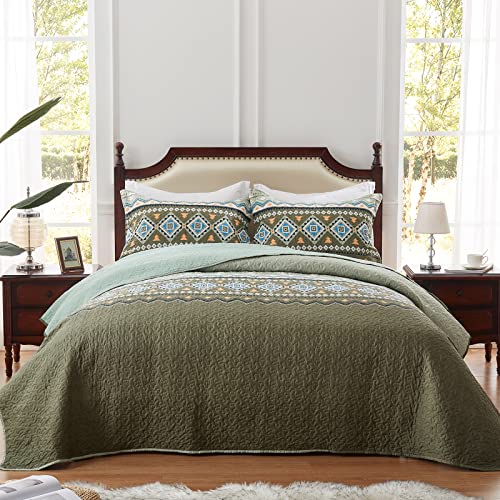 LEAONME 2 Pieces Twin Size Quilt Set Olive Green Bohemian Bedspread Coverlet Lightweight Microfiber Bedding Set 68x86 Inch Bed Cover for All Seasons (1 Quilt, 1 Pillow Sham)