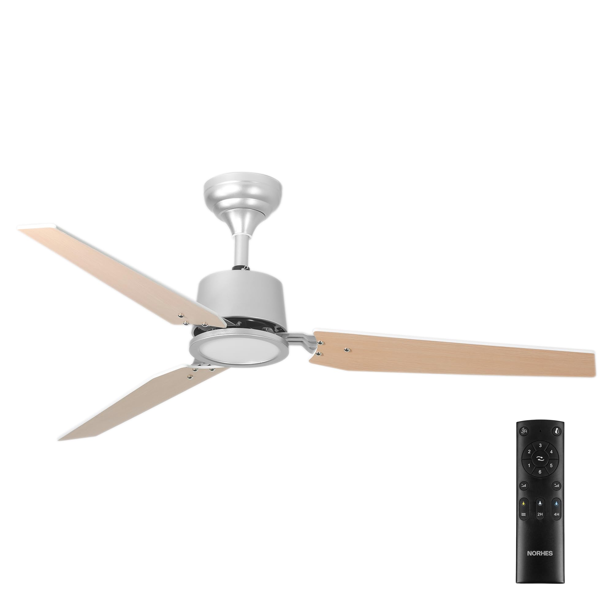 Faura Ventilador Techo Plata/Madera Clara. 3 Aspas Ø132cm. Luz Led 18W Neutra/Cálida/Extra Cálida. Motor DC. Verano/Invierno. 6 Velocidades. Control Remoto Temporizador. Silencioso. Brisa