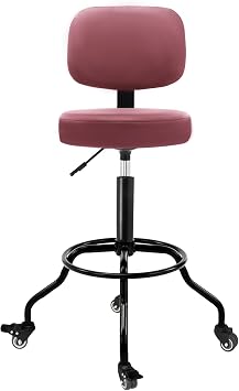Heavy Duty Garage Stool with Ergonomic Backrest - Lockable Rubber Wheels & High Footrest, 360 Swivel, Adjustable Height for Work Shop Workbench, 350lbs Capacity Red, 26"-31"