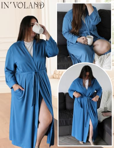 Image of IN'VOLAND Womens Plus Size Kimono Robes Long Knit Bathrobe Ladies Sleepwear