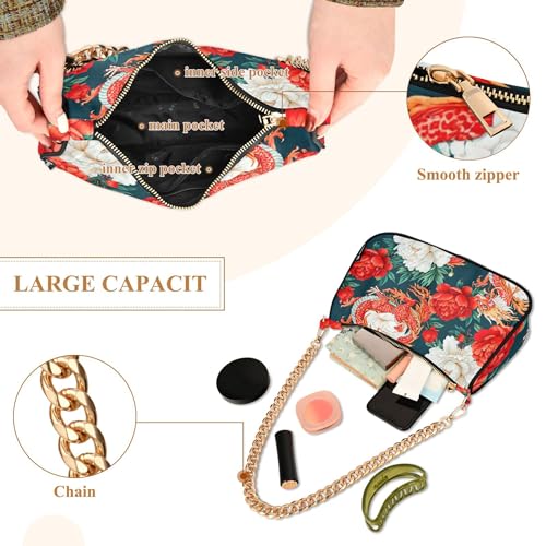 Chinese Dragon Red White Peonies Colorful Shoulder Bag for Women Hobo Clutch Purse Chain Strap Zipper Wallet Purse4