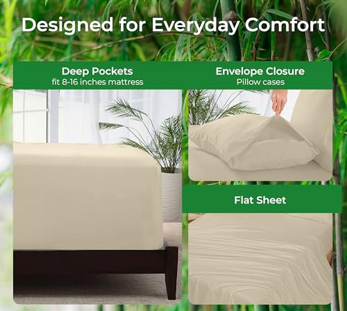 Image of Royale Linens Bamboo Viscose Queen Sheet Set - Cooling Bed Sheet Set - 1 Fitted, 1 Flat & 2 Pillowcase - Fits Up to 16 inch - Organic Viscose Derived from Bamboo - Bedding Sheet & Pillowcase (Queen, Sand)