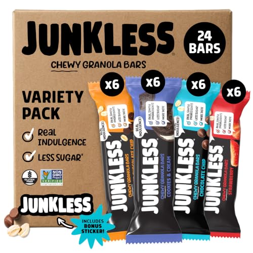 JUNKLESS Chewy Granola Bars Cookies & Cream Variety Pack, Non-GMO, 24 Bars | Gluten Free, Non-GMO chewy granola bars made with real simple ingredients and less sugar. Great for lunch boxes and snacks. - image 1