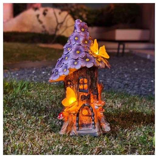 COWOS Mushroom House Statue, Garden Decor Outdoor Solar Statues, Solar Garden Statue Lights, Mushroom Fairy House Figurine, Memorial, Adorable Mushroom and Flowers, Garden Decor