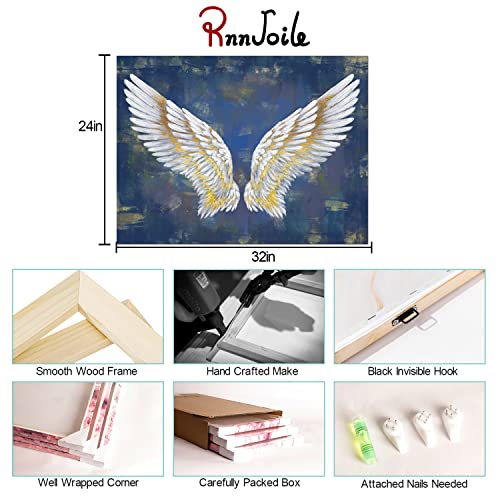 Rnnjoile Angel Wing Canvas Wall Art Navy Blue And Gold Painting Pictures For Home Dining Room Bedroom Wall Decor Framed 24"X32" #TOP5