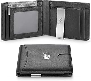wilbest® Wallets Mens RFID Blocking with Money Clip, Slim Genuine Leather Men Wallet with Coin Pocket, Credit Card Holders, ID Window. Minimalist Mini Wallet Bi-fold for Gents Men with Gift Box -Black