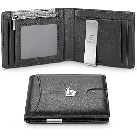 wilbest® Wallets Mens RFID Blocking with Money Clip, Slim Genuine Leather Men Wallet with Coin Pocket, Credit Card Holders, ID Window. Minimalist Mini Wallet Bi-fold for Gents Men with Gift Box -Black Cover
