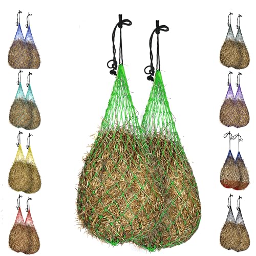Majestic Ally 2 pcs Slow Feed 56” Hay Net with Soft 3"x3" Holes for Horses & Livestock, Nylon Rope Hanging, Simulates Grazing, Reduce Waste (Light Green)