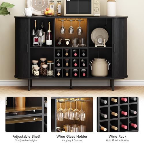 Image of ONBRILL 55 inch Wine Bar Cabinet with LED Light,Modern Liquor Whiskey Coffee Station with Wine Rack and Glass Holder, Farmhouse Buffet Sideboard with Storage for Living Room, Kitchen, Entryway (Black)