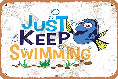 QSHPO Blue Fish Metal Sign Vintage Pool Decor Just Keep Swimming Tin Poster Club Home Yard Wall Decoration Plaque 8x12 Inches