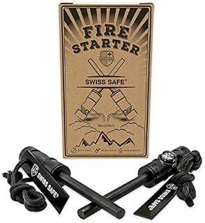 Swiss Safe 5-in-1 Fire Starter with Compass, Paracord and Whistle (2-Pack) for Emergency