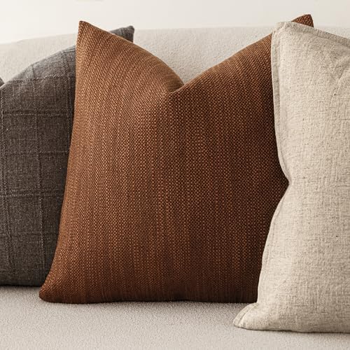 Image of Foindtower Set of 2 Decorative Textured Burlap Linen Throw Pillow Covers Farmhouse Boho Cushion Cover Solid Accent Pillowcase for Couch Sofa Bed Living Room Home Decor,20x20 Inch,Dark Rust Brown