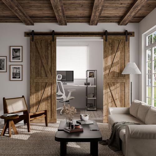 Image of CCJH 9FT Sliding Barn Door Hardware Kit, Heavy Duty, Smoothly and Quietly, Easy to Install, Fit 27 inch Width Double Door Panel, Basic Style Hangers Black