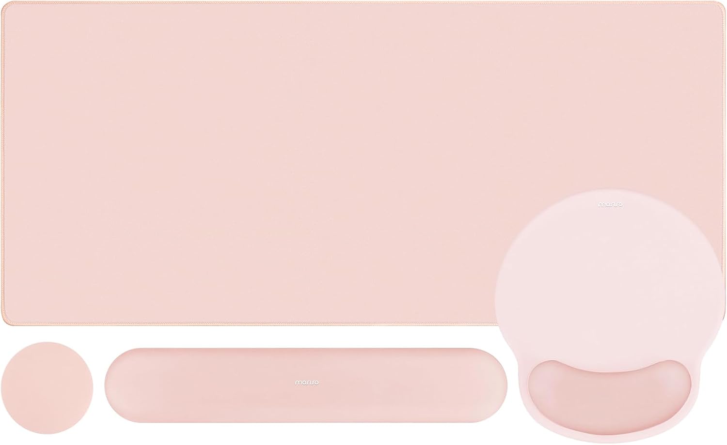 MOSISO Wrist Rest for Keyboard Mouse Pad Set, Large Gaming Deskpad&Circle Curved Mousepad&Keyboard Wrist Rest&Coaster, Ergonomic Non-Slip Mousepad&Easy Typing Pad with Silicone Lining, Baby Pink