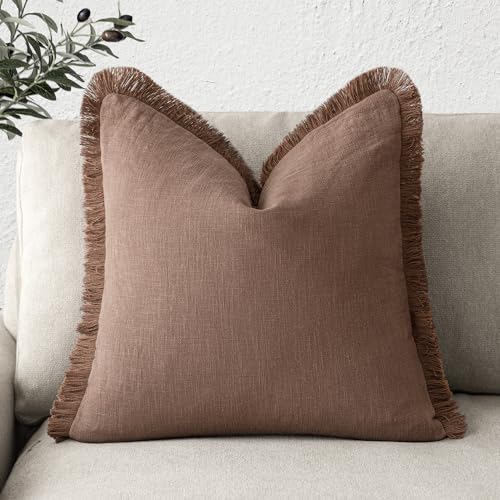 Image of Foindtower Decorative Linen Fringe Throw Pillow Covers Cozy Boho Farmhouse Cushion Cover with Tassel Soft Accent Pillowcase for Chair Sofa Bed Living Room Home Decor, 20x20 Inch, 1PC, Rust