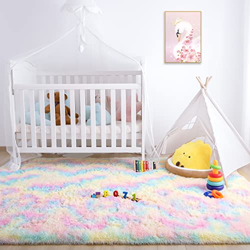 Noahas Fluffy Rainbow Rug For Girls Bedroom, 4 X 6 Feet Pink Rugs For Bedroom Girls,Kids Room Rug,Fuzzy Rainbow Carpet Bedroom Rug,Playroom Shag Rug,Nursery Rugs For Baby,Room Decor For Teen Girls #TOP1