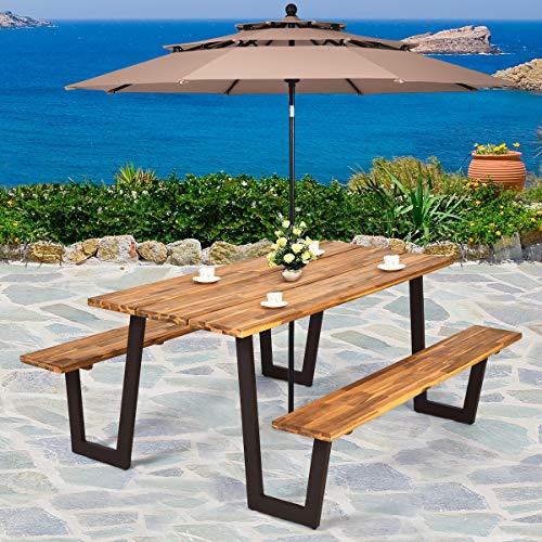 Giantex Picnic Table Bench Set With Umbrella Hole, Outdoor Dining Table Set, 70'' Acacia Wood Picnic Beer Table With Metal Frame Patented (Natural & Black) #TOP1