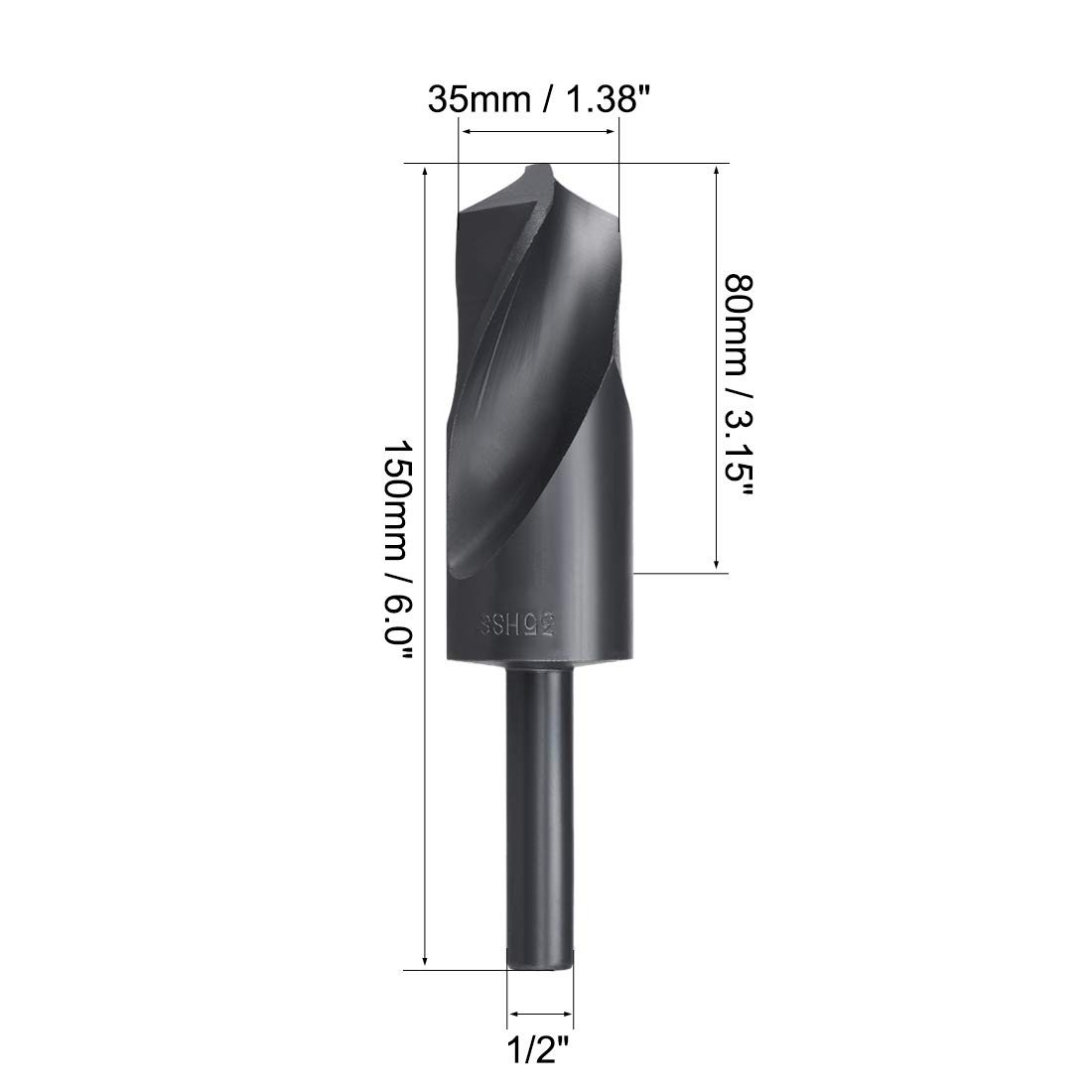 sourcing map Foret à queue réduite 35 mm en acier rapide HSS 6542 oxyde noir avec tige droite de 1/2 pouce
