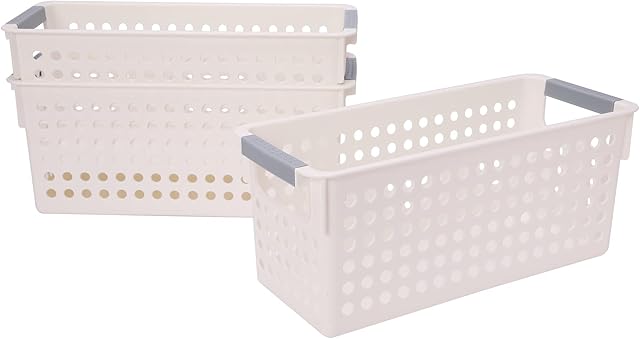 AYVANBER Small Storage Baskets for Shelves Plastic Fridge Storage Boxes Kitchen Open Storage Bins Stackable with Handles for Cupboards Bedroom Bathroom Livingroom Office Set of 3 (White Small)