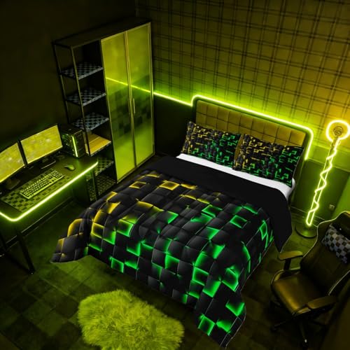 Image of Erosebridal Geometric Checkered Comforter Set Toddler Neon Yellow Green Bedding Set for Kids Boys Teen Gamer Room Decor,Abstract Ombre Plaid Comforter Grids Quilt Duvet Black