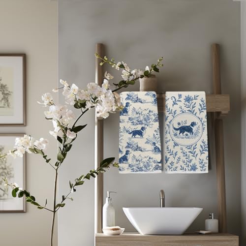 Image of Blue Chinoiserie Border Collie Kitchen Towels, Border Collie Gifts Dish Tea Towels for Kitchen, Vintage French Toile Dog Decorative Hand Towel for Bathroom, Dog Lover Gifts, 16x24 Inch Set of 2